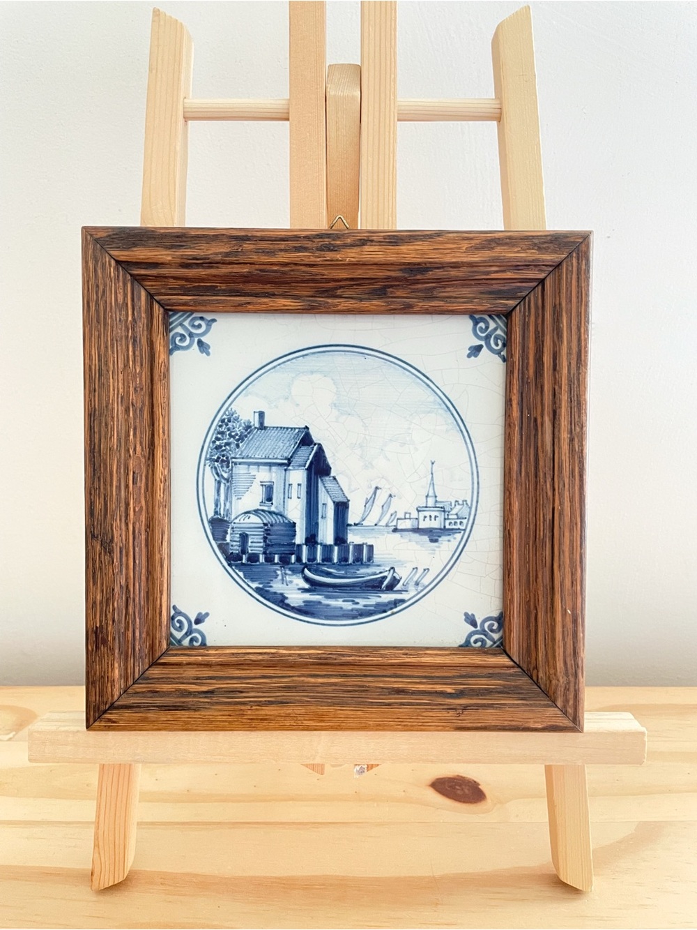 Vintage Delft-Style Framed Blue and White Ceramic Tile